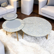 Bone Inlay Floral Nesting Table Set of 3 Grey