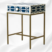 Tetris-style indigo bone inlay nightstand with one drawer and geometric pattern