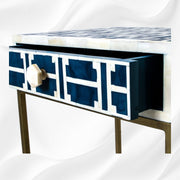 Elegant indigo bone inlay bedside table with drawer – handcrafted design