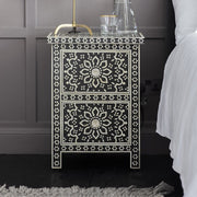 Handmade Bone Inlay Zahra Bedside Black with Floral Design 
