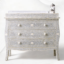 Bone Inlay Curved 3 Drawer Floral Dresser Grey with Topper 1