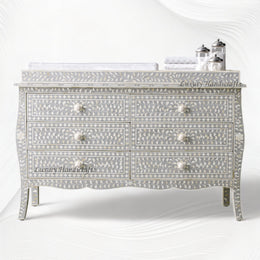 Bone Inlay Curved 6 Drawer Floral Dresser Grey with Topper 1