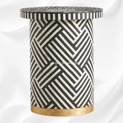Designer black side table with optical bone inlay pattern