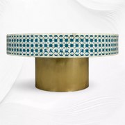 Elegant indigo round coffee table with geometric bone inlay