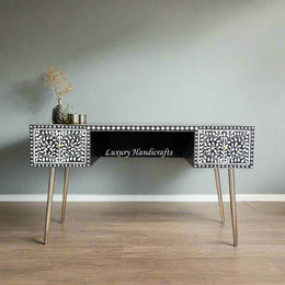 Floral Bone Inlay 2 Drawer Desk Black