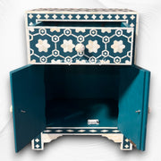 Flower Bone Inlay 1 Drawer 2 Door Bedside Table Teal Green 2