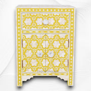 Elegant yellow bone inlay side table with storage drawers and doors

