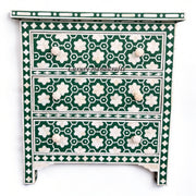 Luxury Bone Inlay Nightstand in Teal Green with Floral Patterns and Storage Drawers