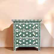 Flower Bone Inlay 3 Drawer Bedside Table in Teal Green – Handmade Wooden Nightstand
