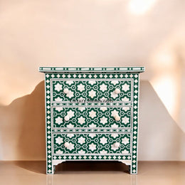 Flower Bone Inlay 3 Drawer Bedside Table in Teal Green – Handmade Wooden Nightstand