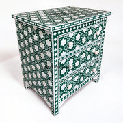 Teal Green Bone Inlay Bedside Table with Floral Design and Three Drawers