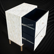 Boho Style Bone Inlay Bedside Table – 2 Drawer Handmade Wooden Nightstand