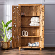 Handcarved Peacock Design Almirah Natural 2