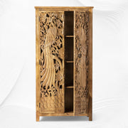 Handcarved Peacock Design Almirah Natural 3