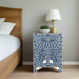 MOP Inlay 1 Drawer 2 Door Bedside Table Dark Blue