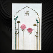 Malachite Quartz Brass Swastik Inlaid White Marble Temple Panel