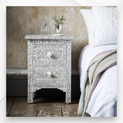 Mother Of Pearl Inlay Floral 2 Drawer Bedside Light Grey