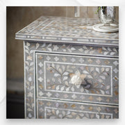 Mother Of Pearl Inlay Floral 2 Drawer Bedside Light Grey