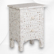 Mother of Pearl Inlay Floral 2 Drawer Bedside White