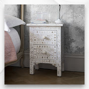 Mother of Pearl Inlay Floral 2 Drawer Bedside White