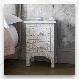 Mother of Pearl Inlay Floral 2 Drawer Bedside White
