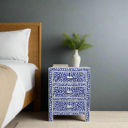 Mother Of Pearl Inlay Floral 3 Drawer Bedside Blue