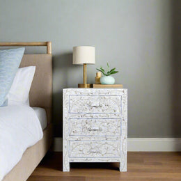 Mother Of Pearl Inlay Floral 3 Drawer Bedside Ivory