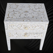 Mother Of Pearl Inlay Bedside 2 Drawer Lotus Design White 2