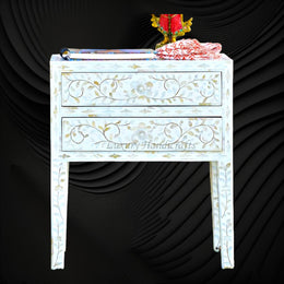 MOP Inlay Floral 2 Drawer Bedside Long Leg White 1