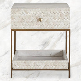 Nora Herringbone Bone Inlay Bedside Table – Luxury Nightstand with Storage