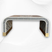 Handcrafted black and white bone inlay waterfall coffee table with brass base