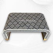 Modern bone inlay coffee table with optical pattern and brass base