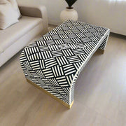 Optical waterfall bone inlay coffee table with black and brass base