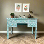 Pastel Turquoise Mother of Pearl Inlay 5 Drawer Desk 1
