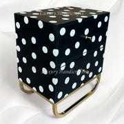 Handcrafted Bone Inlay Nightstand – Black Polka Dot Design with 2 Drawers