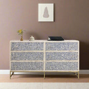 Quatrefoil Colored Bone Inlay Chest of 6 Drawers Blue