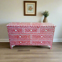 Red Mother Of Pearl Inlay Chest of 7 Drawers