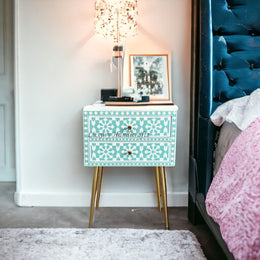 Stylish Resin Inlay Moroccan 2-Drawer Bedside Table in Green with Intricate Patterns