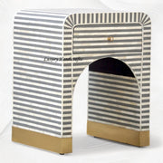Luxury Bone Inlay Bedside Table – Grey Striped 1 Drawer Nightstand for Elegant Interiors