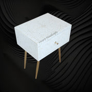 Handcrafted Scroll Vine Bone Inlay White Bedside Table