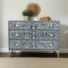 Scroll Vine Bone Inlay Chest of 3 Drawers Black