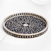 Small Round Bone Inlay Tray Floral Design Black