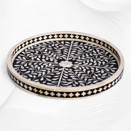 Small Round Bone Inlay Tray Floral Design Black