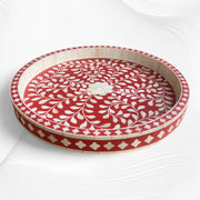 Small Round Bone Inlay Tray Floral Design Red