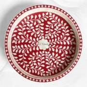 Small Round Bone Inlay Tray Floral Design Red 2