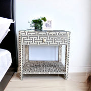 Tetris Bone Inlay Bedside Table with Storage in Gray- Handcrafted Bone Inlay Design