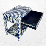 Handcrafted bone inlay nightstand with storage – indigo finish