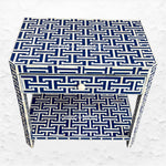 Tetris patterned bedside table in indigo with one drawer and shelf