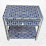 Tetris patterned bedside table in indigo with one drawer and shelf