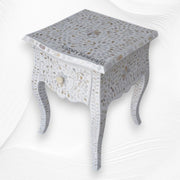 White Mother Of Pearl Inlay French Bedside 1 Drawer Floral Design